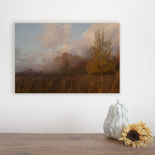 The Foggy Fall Prairie canvas art reveals a peaceful autumnal image, epitomizing the graceful amalgamation of nature photography and wall art, encapsulating a serene prairie vista.