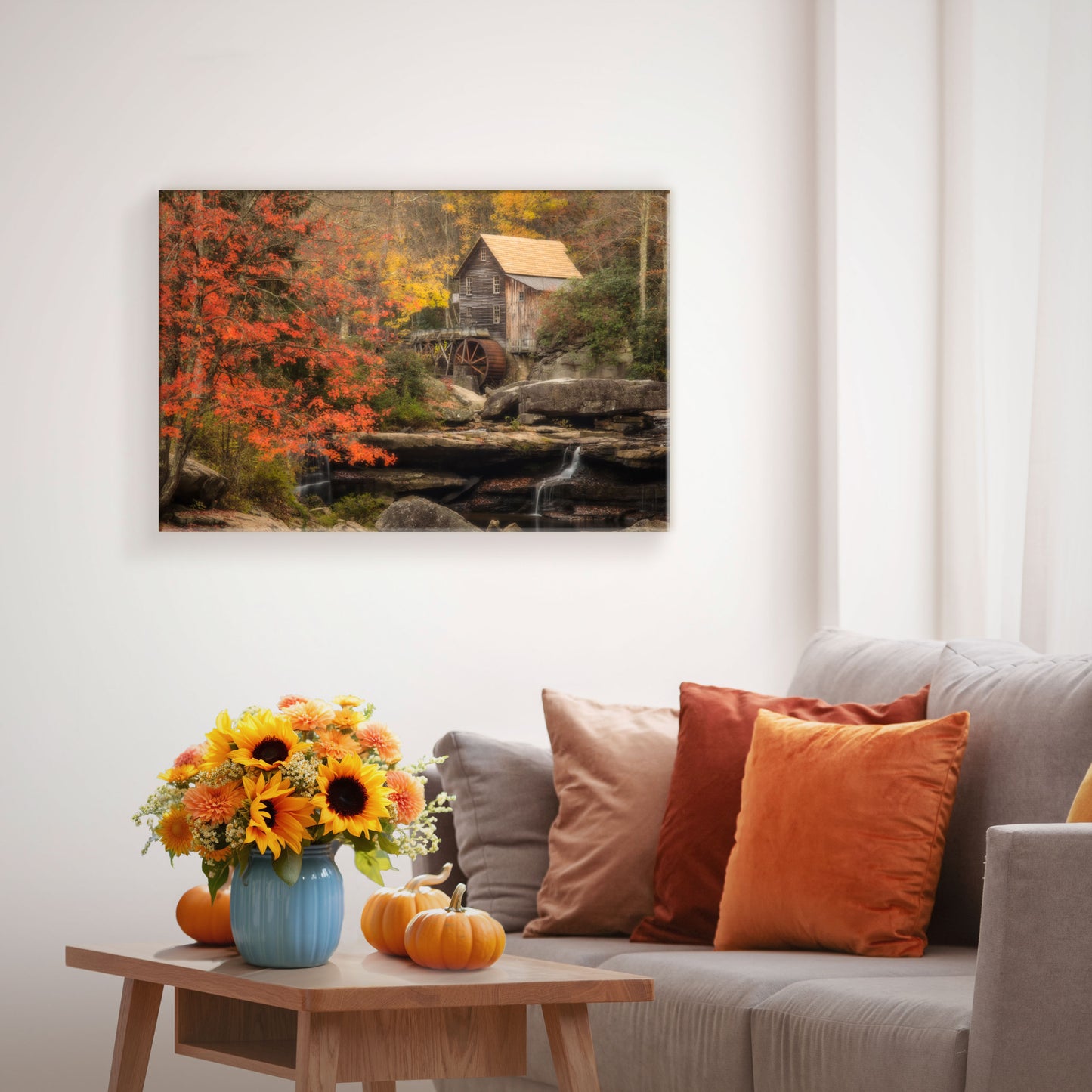 Archival quality canvas print showcasing the rustic Glade Creek Grist Mill against a backdrop of colorful fall leaves, with a sawtooth hanger for mounting.