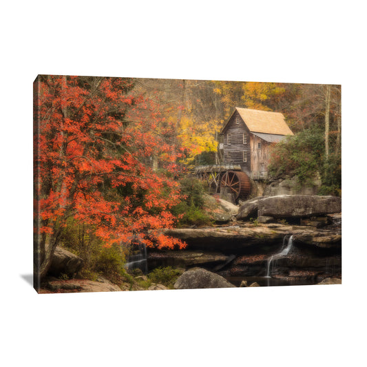A canvas wall art print depicting the Glade Creek Grist Mill in West Virginia, surrounded by autumn foliage.