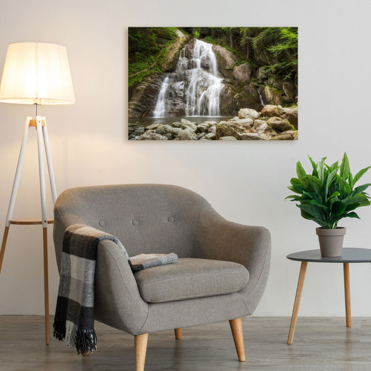 Vermont Moss Glen Falls waterfall nature canvas wall art displayed above a grey chair