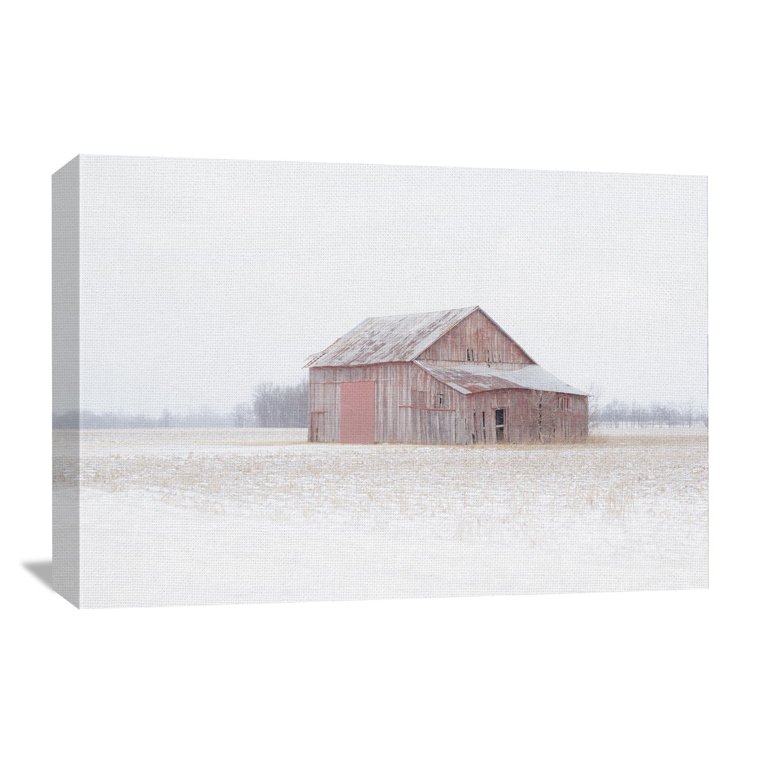 farmhouse wall decor canvas of a red barn in a snow storm