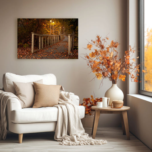 Featuring vibrant hues and an inviting boardwalk vista, the Woodlawn Beach Boardwalk Canvas naturally integrates into fall decor schemes and acts as a compelling autumnal picture for your living room wall.