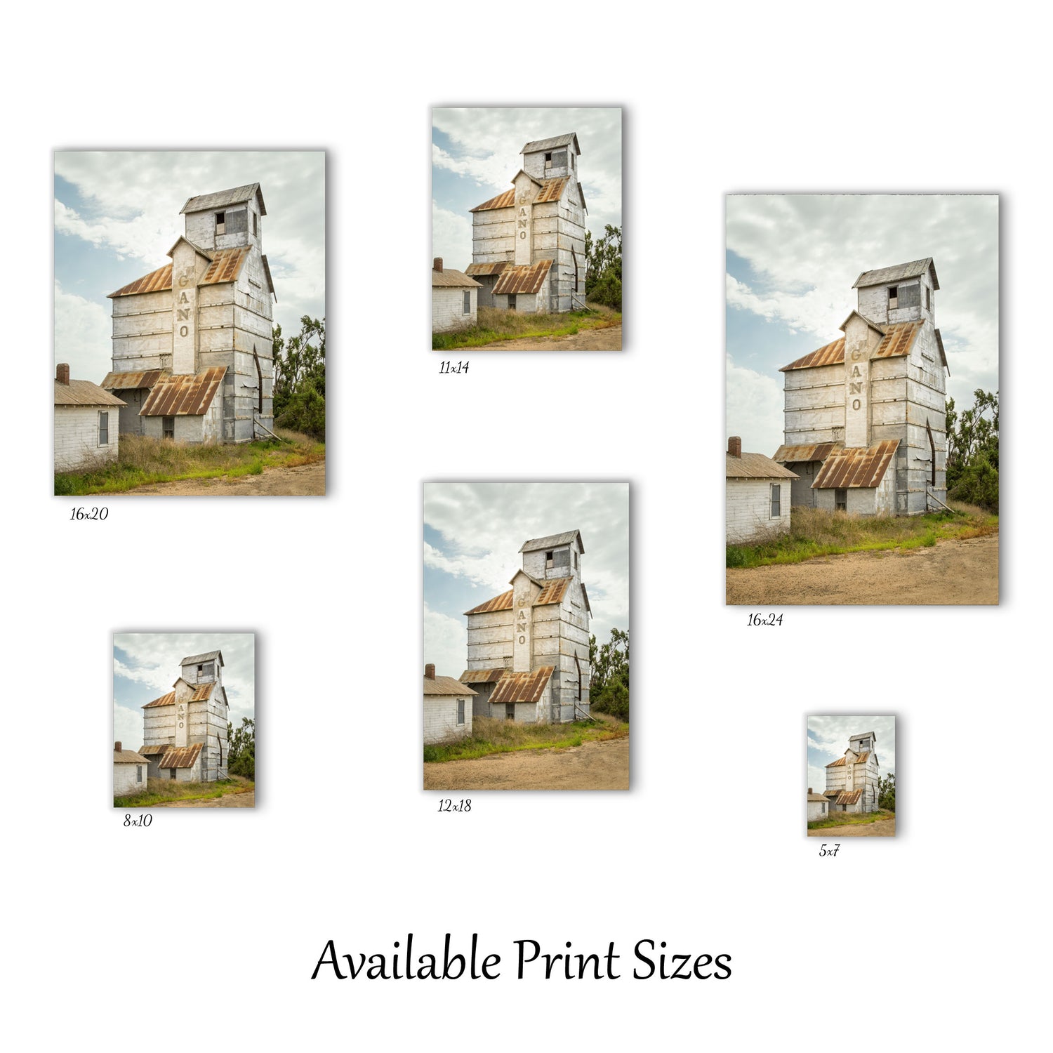 Visual representation of wall art print sizes available: 5x7, 8x10, 11x14, 12x18, 16x20, and 16x24.