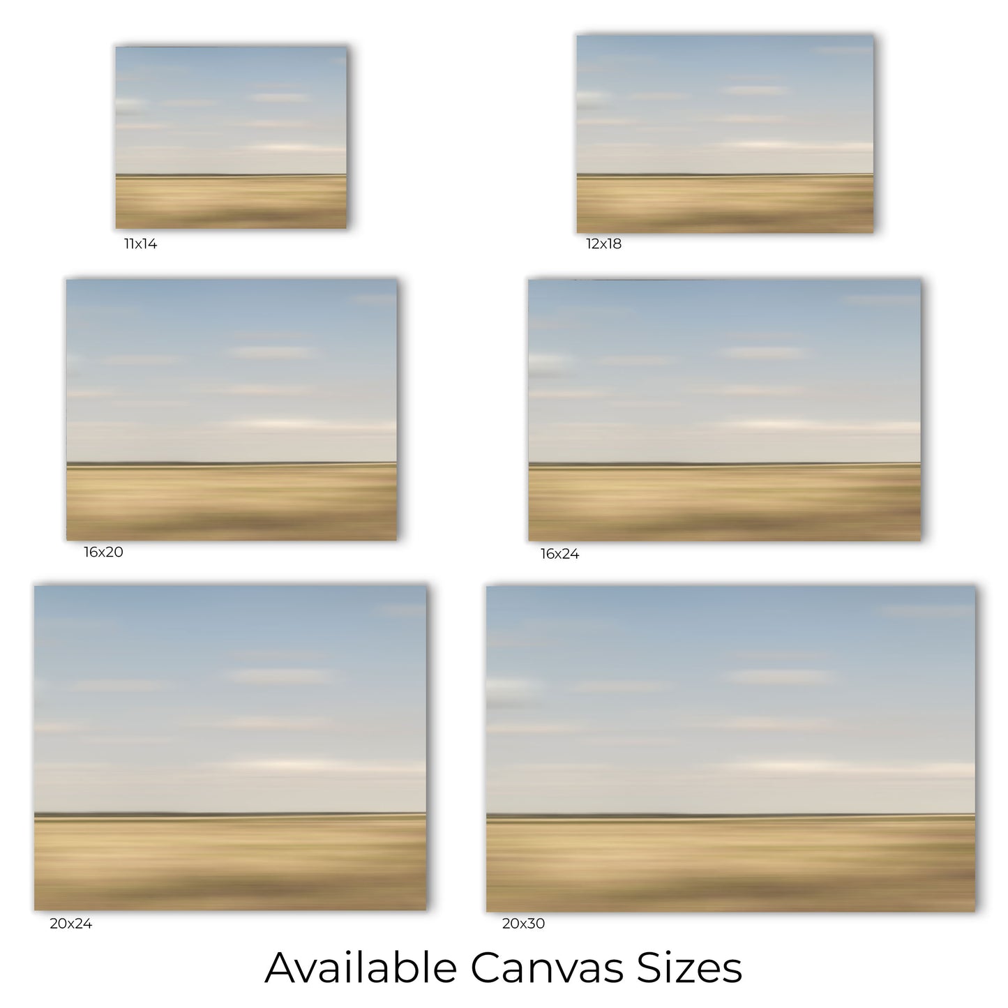 Visual representation of the Abstract Prairie canvas wall art print sizes available: 11x14, 12x18, 16x20, 16x24, 20x24 and 20x30.