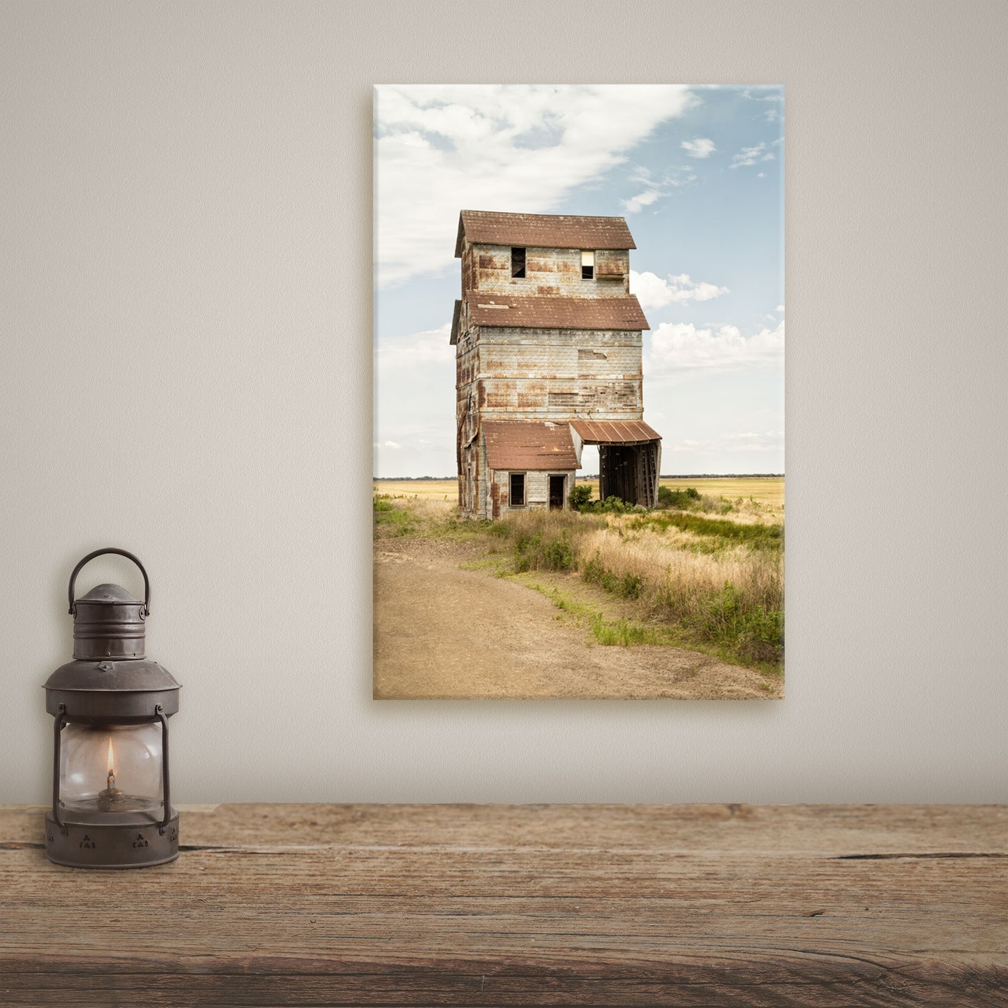 rustic farmhouse canvas wall art of a Kansas grain elevator