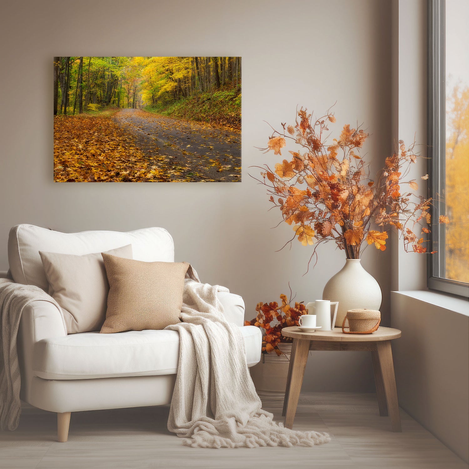 fall decor print of an autumn road in Ohio hanging above a chair