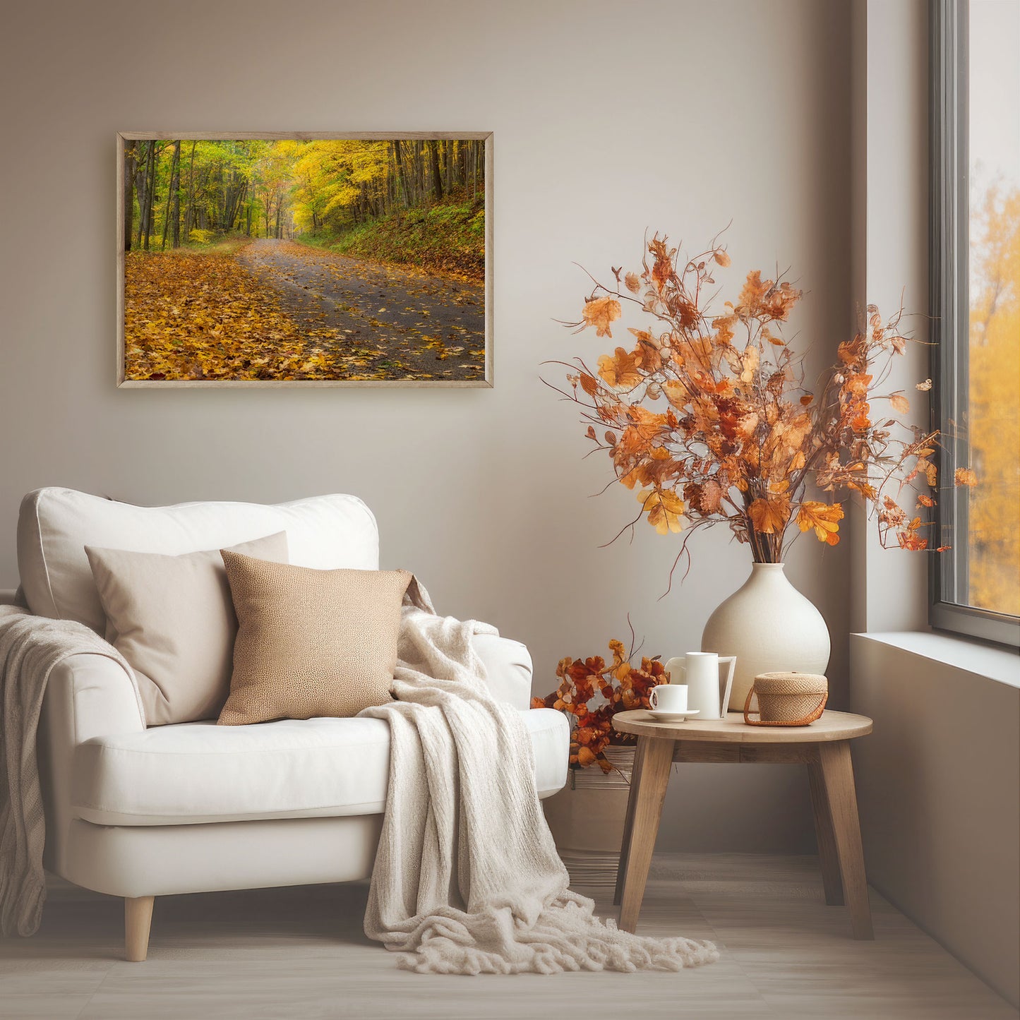 Winding country road amidst vibrant autumn foliage in Hocking Hills, Ohio, depicted in the Autumn Road Print.