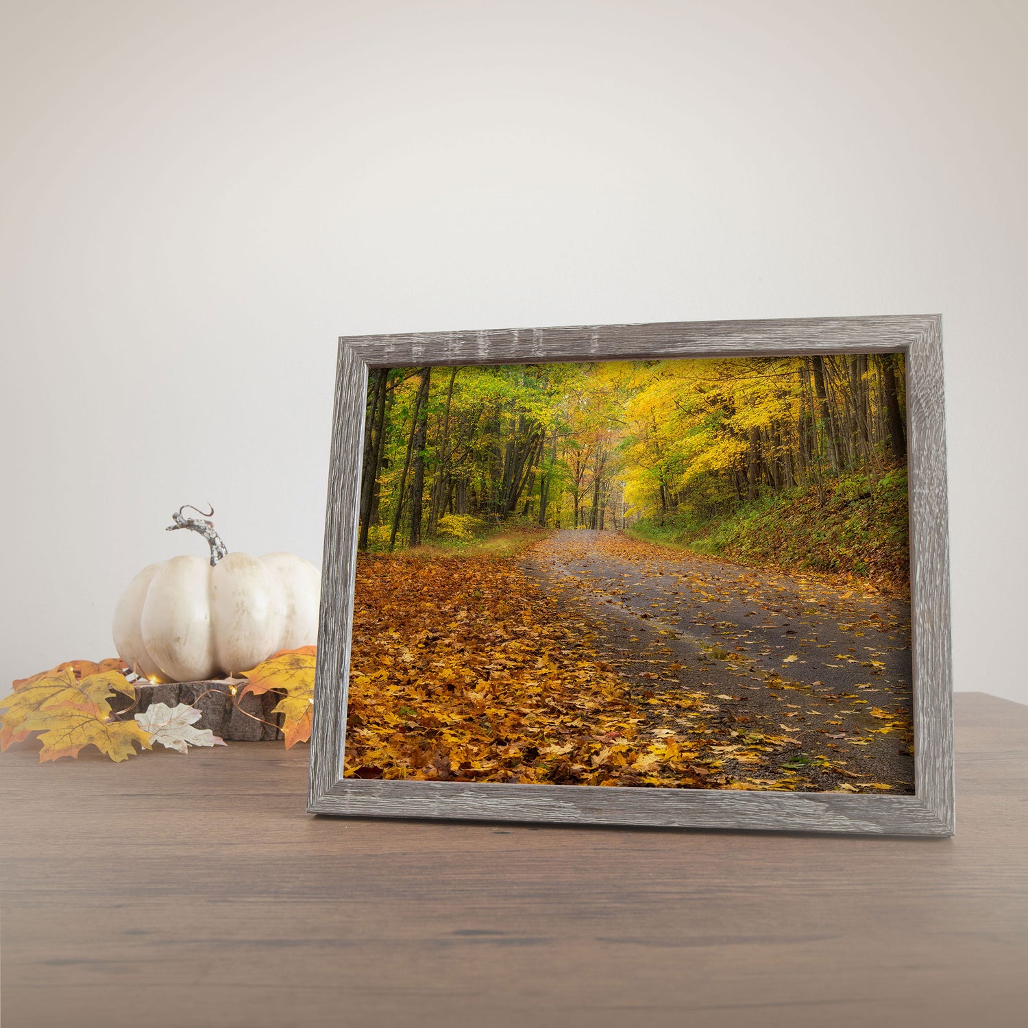 autumn road photography wall art print in entryway