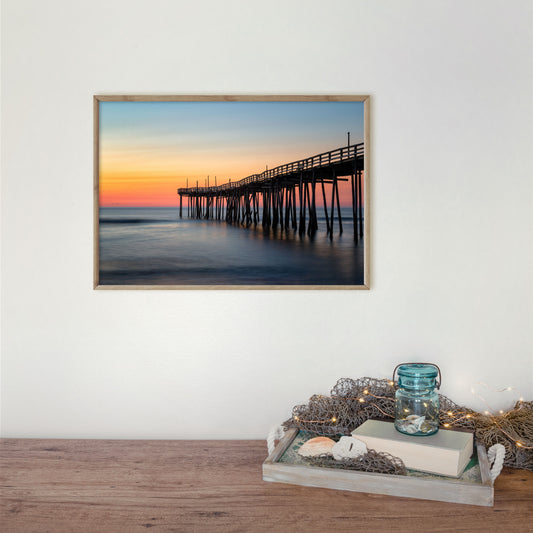 Coastal wall art featuring a vibrant daybreak at Avon Pier in Outer Banks, highlighting the rich hues against a backdrop of calm waters.