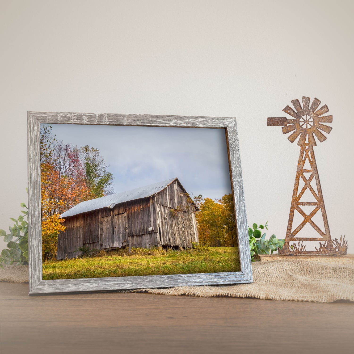 mhouse wall art print featuring the rustic Chapel Ridge barn, set against a serene rural backdrop adorned with vibrant fall foliage.