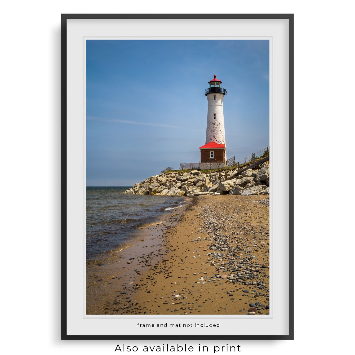 Vivid photography canvas showcasing the historic Crisp Point Lighthouse, standing resilient against a backdrop of gentle lake waves and a cloudless sky.
