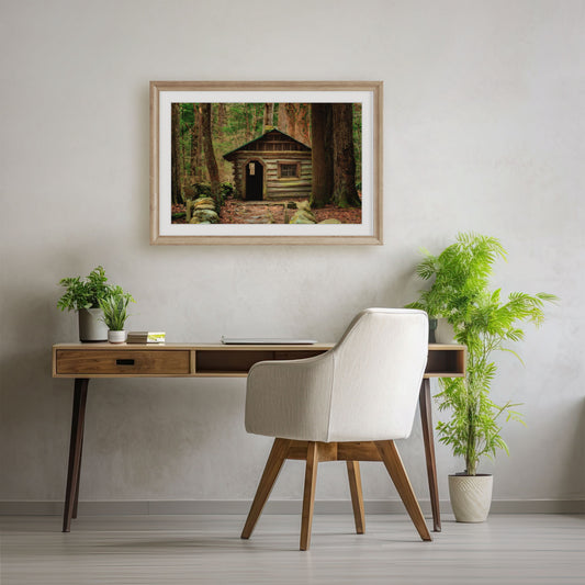 print of a cottage in elkmont tennesse in a frame above a desk