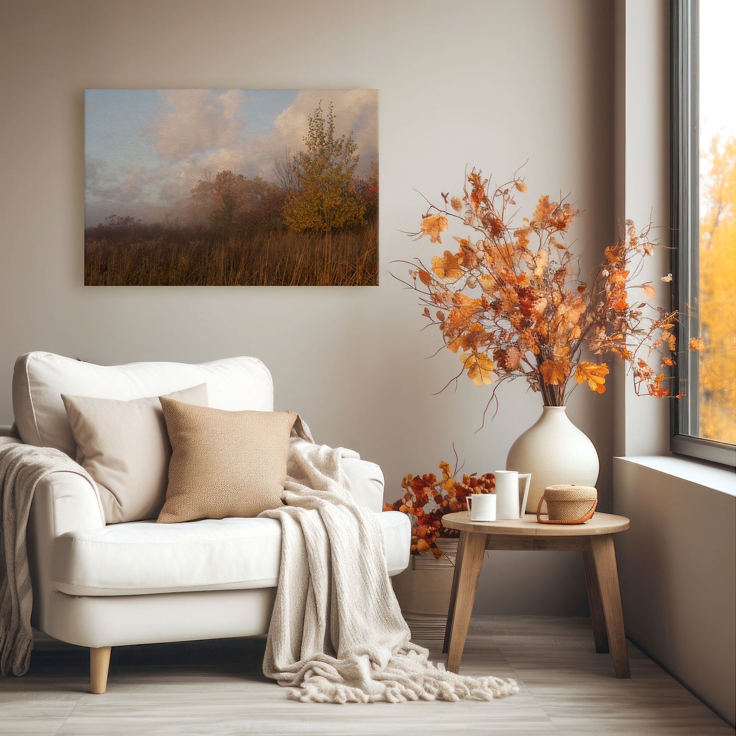 Perfectly aligned with modern farmhouse aesthetics, the 'Foggy Fall Prairie' artwork is an autumnal image that elevates nature photography into enthralling wall decor.