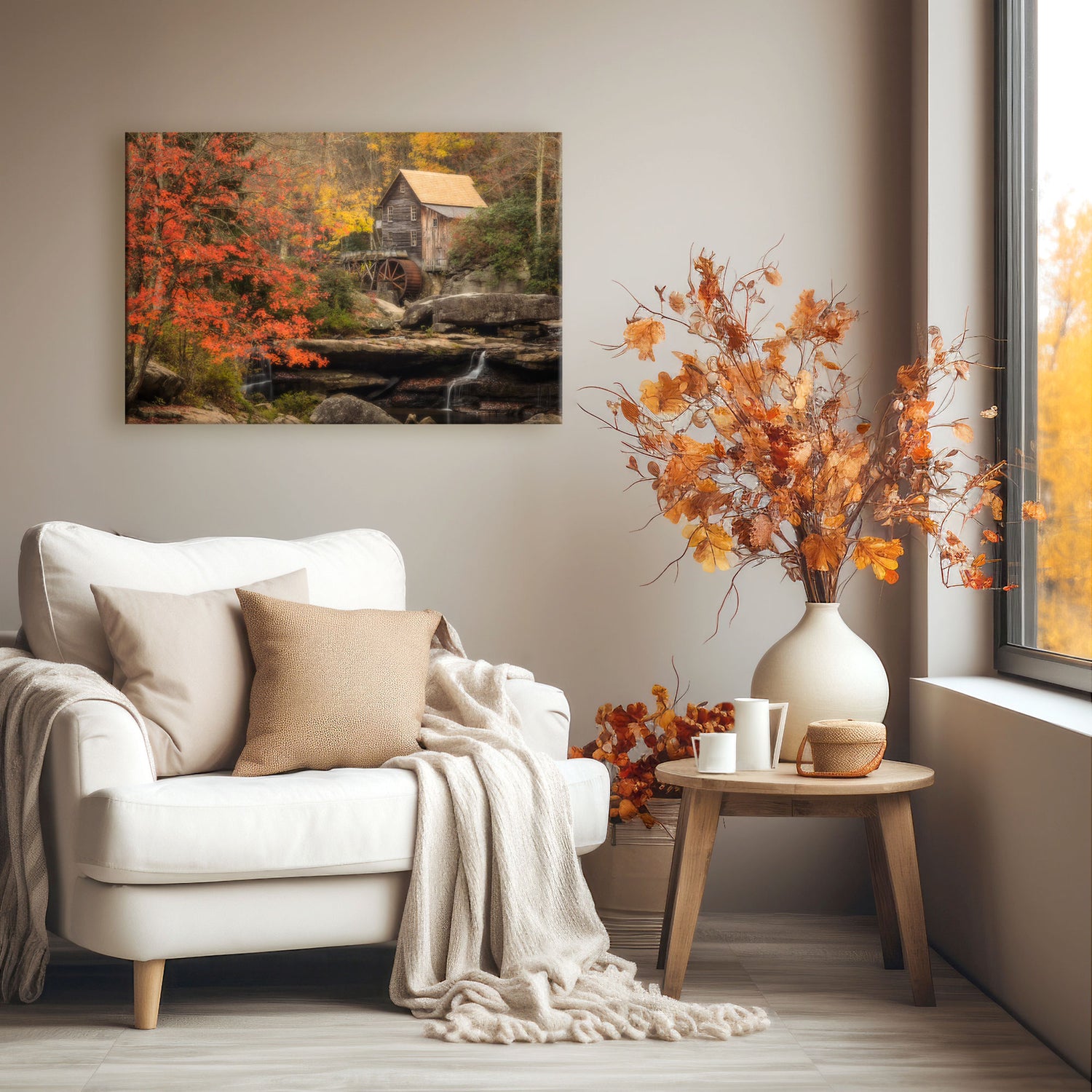 Photographic canvas art featuring an autumnal scene at Glade Creek Grist Mill, available in various sizes and with mirrored image sides.