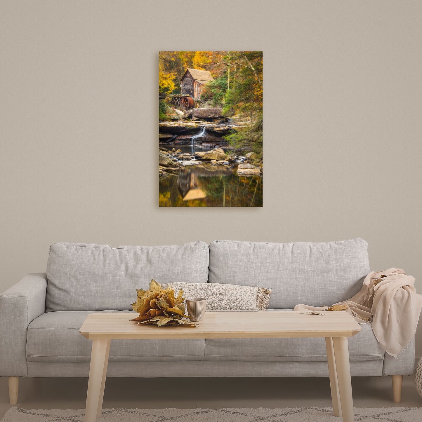 High-quality photograph of Glade Creek Grist Mill in West Virginia, printed on premium canvas with vibrant colors.
