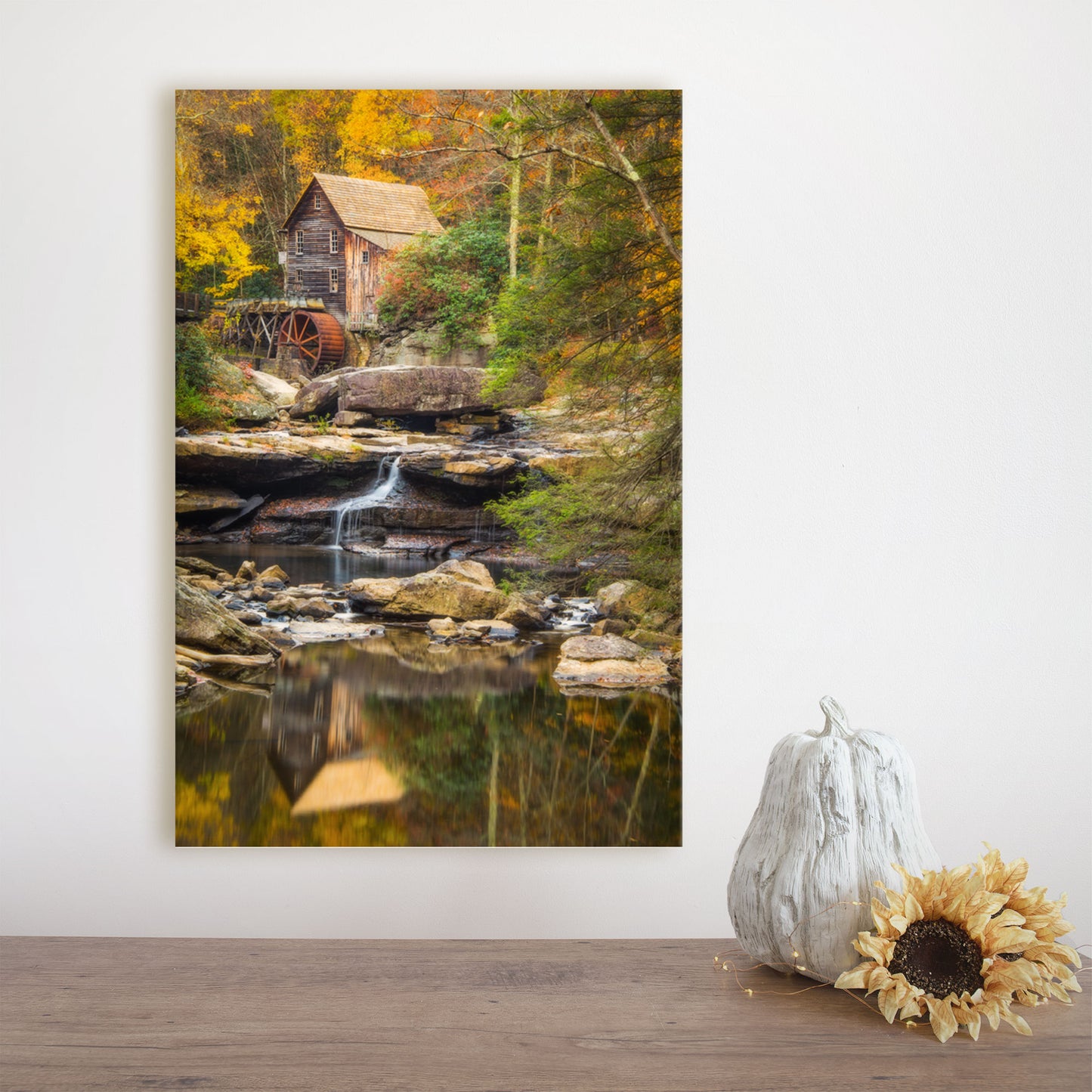 Babcock State Park Glade Creek Grist Mill canvas art featuring a picturesque mill and breathtaking waterfall.