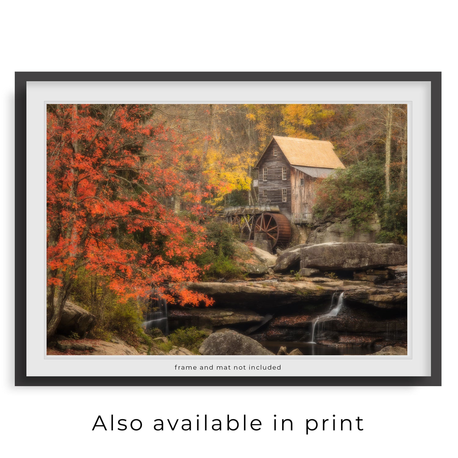 The photograph is beautifully presented as a framed print, showing this fall photograph is also available as a paper print. Please note that the frame and mat shown are for display purposes only and are not included in the purchase.