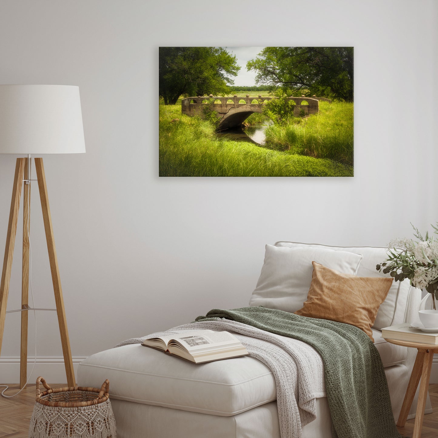 Artistic canvas depiction of a charming bridge, set amidst the vibrant flora of Kansas, perfect for adding a touch of peaceful elegance to any room.
