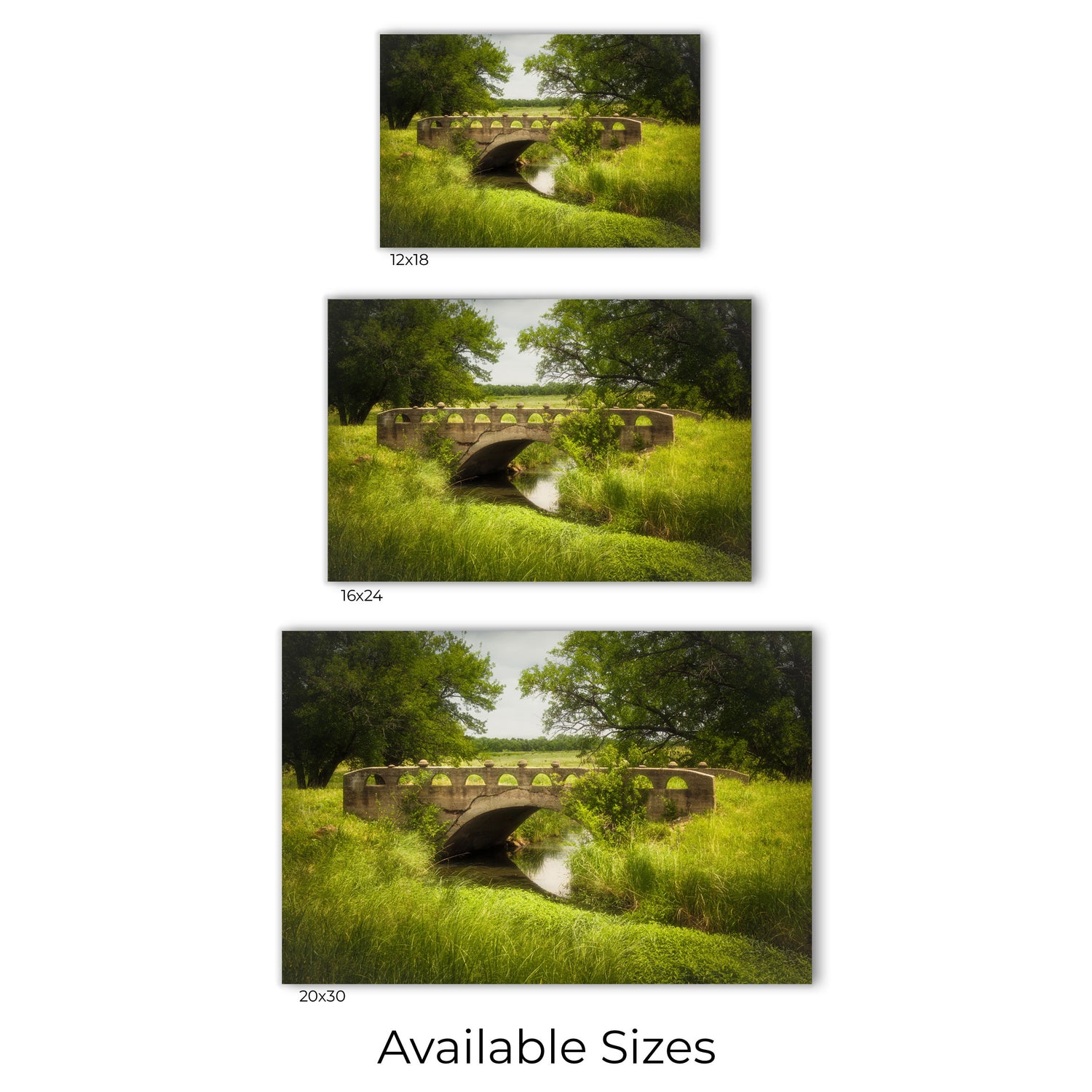 Visual representation of the bridge canvas wall art print sizes available: 12x18, 16x24 and 20x30.