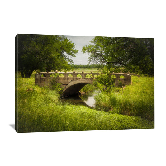 Canvas wall art showcasing a picturesque bridge in Kansas, with detailed brushwork highlighting the bridge's structure against a backdrop of lush greenery.