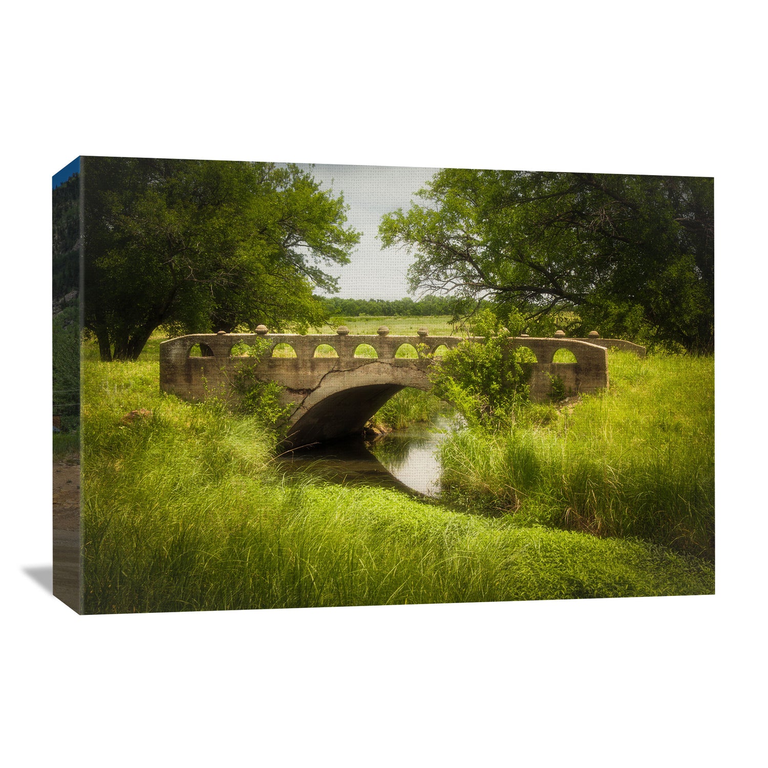 Vivid canvas art presenting a meticulously crafted image of a Kansas bridge, blending architectural beauty with the tranquility of nature.