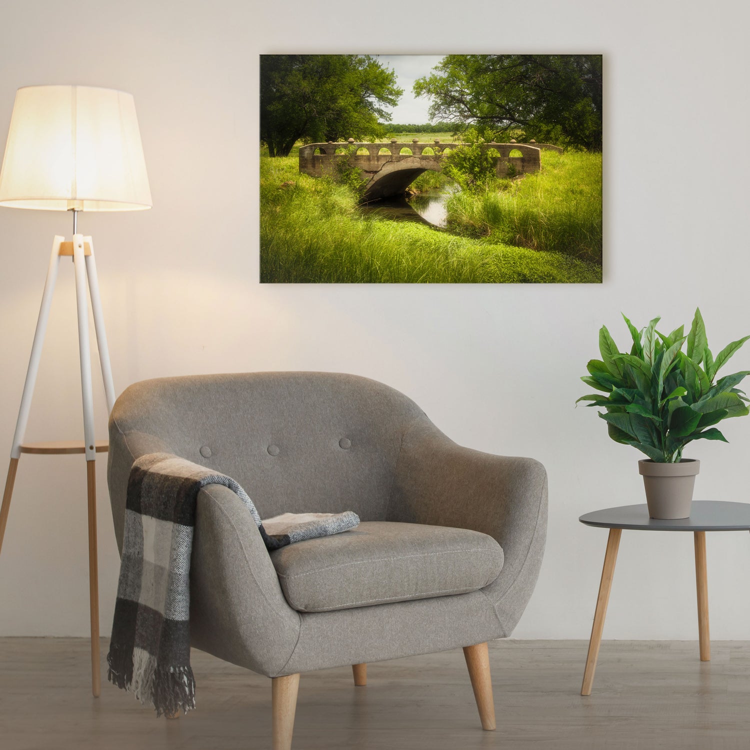 High-quality canvas print featuring a serene bridge scene, capturing the tranquil essence of Kansas's natural landscapes.