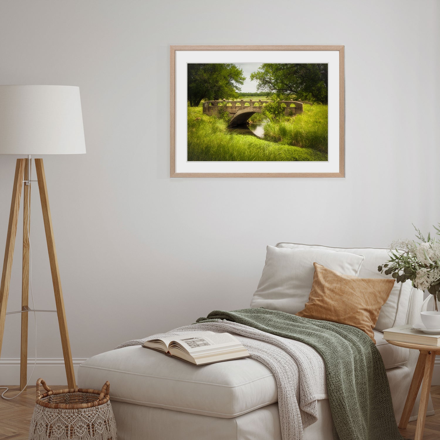 Landscape print featuring a tranquil bridge scene, with soft lighting and rich green tones, ideal for adding a touch of nature's calm to any environment.