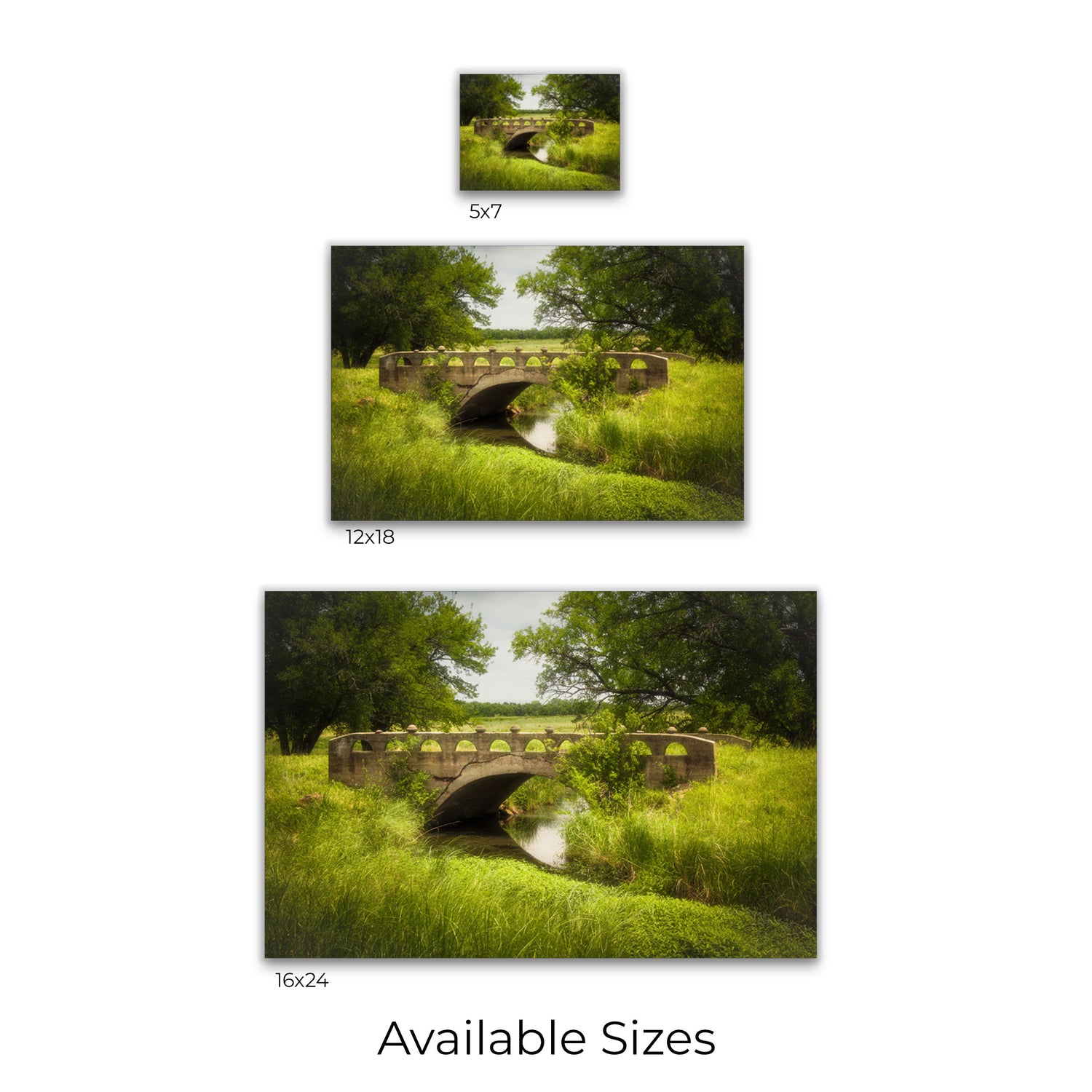 Visual representation of Gypsum Creek Bridge wall art print sizes available: 5x7, 12x18, and 16x24.