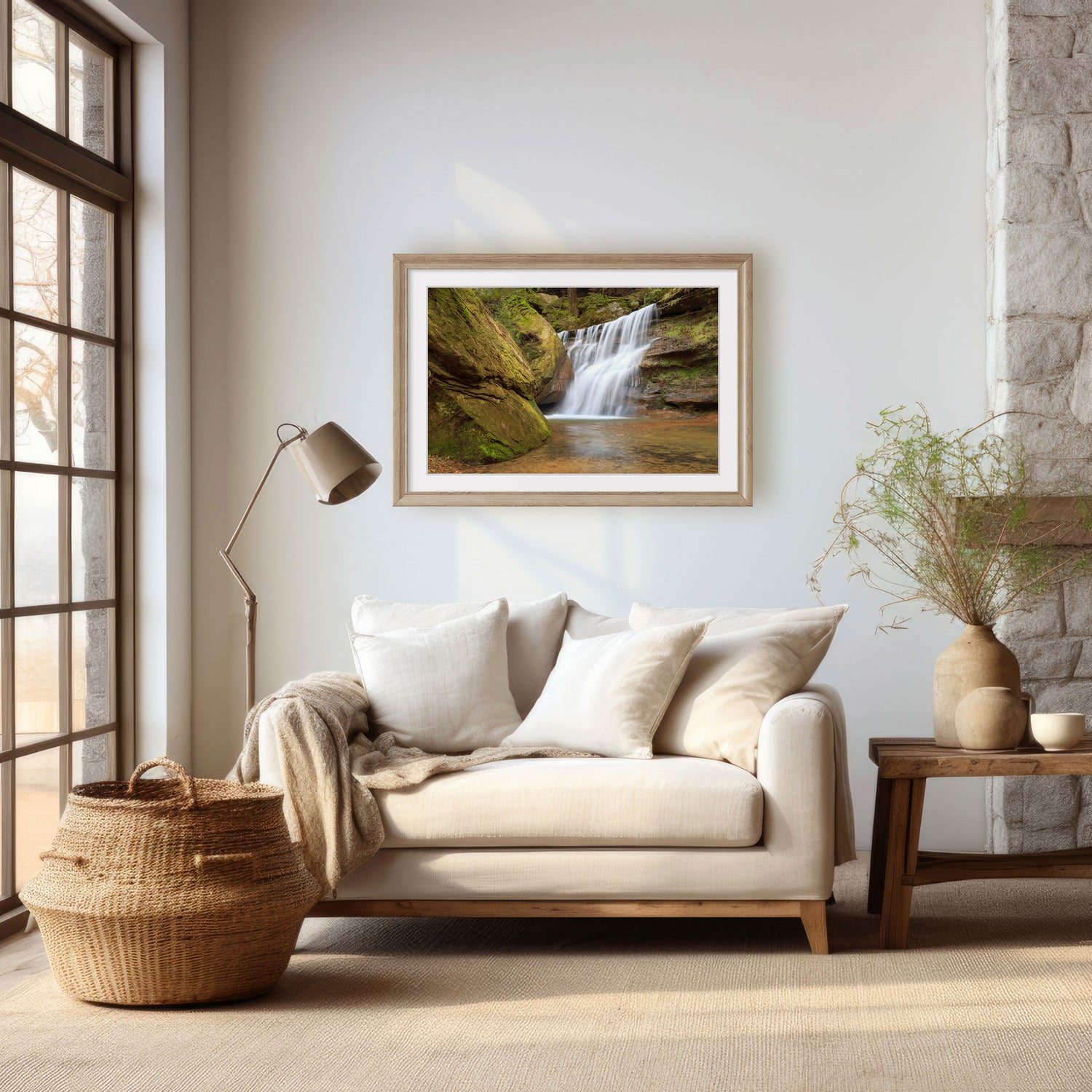 Tranquil waterfall scene from Hocking Hills, Ohio, beautifully captured in high-quality wall art, showcasing the serene flow of water through a vibrant, green forest."