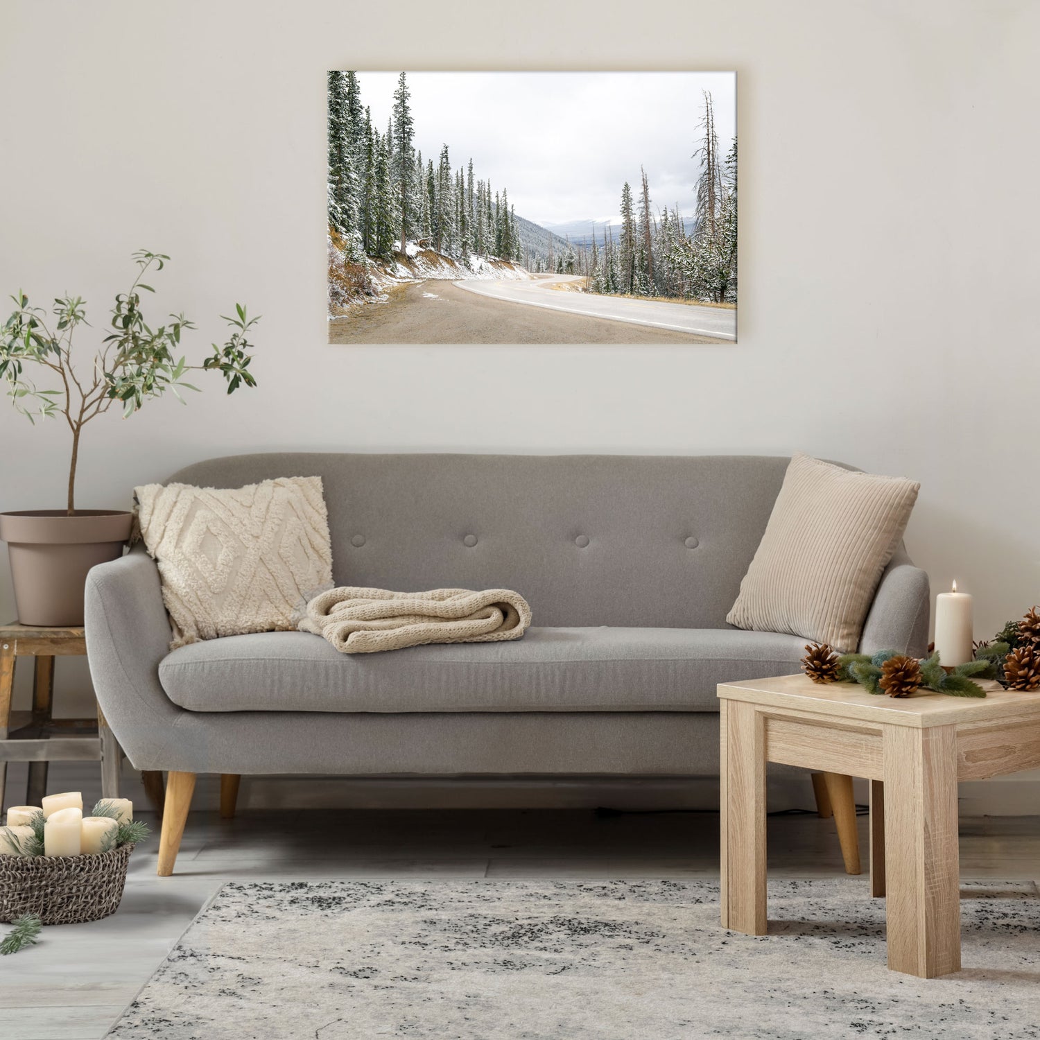 Colorado winter canvas wall art featuring a snow covered mountain pass