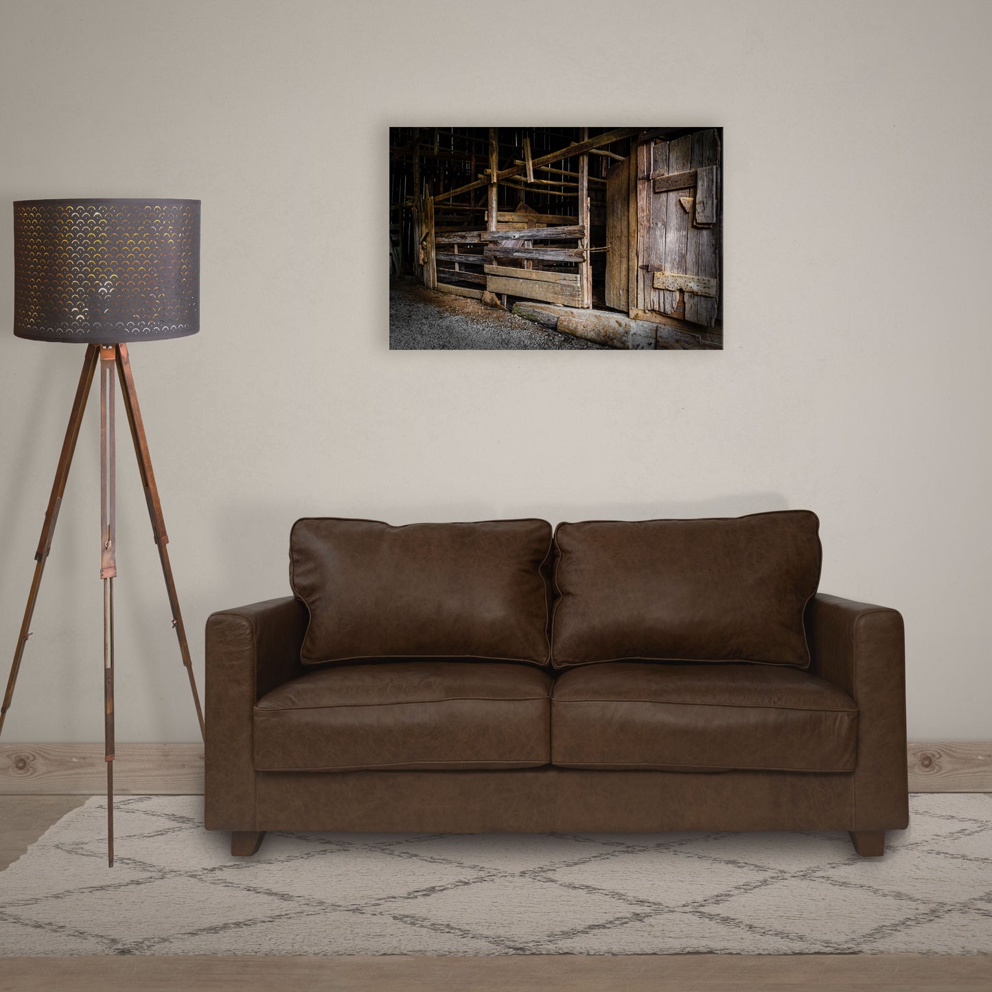 rustic wall decor featuring a dark and moody canvas of the inside of an old barn