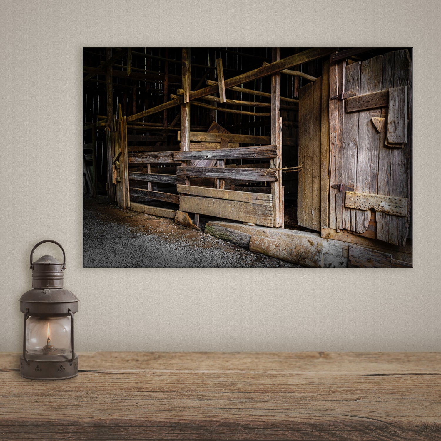 Wall art canvas featuring the interior of an abandoned barn