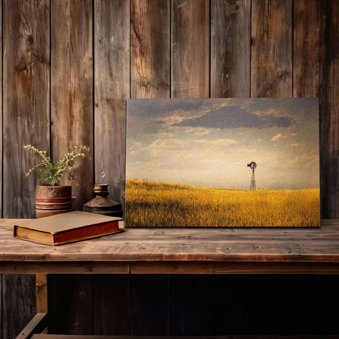 A touch of the Western frontier comes alive in this Nebraska windmill canvas, creating a focal point that's rich in history and natural beauty.