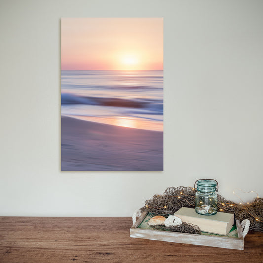 OBX themed Ocean Sunrise canvas artwork featuring a peaceful beach at sunrise in abstract style.