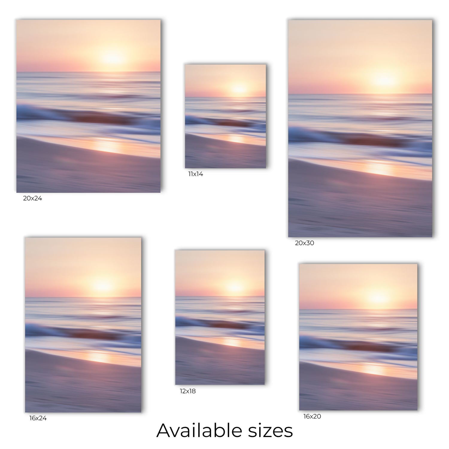 "Visual representation of North Carolina inspired Ocean Sunrise canvas wall art print, available in sizes: 11x14, 12x18, 16x20, 16x24, 20x24, and 20x30.