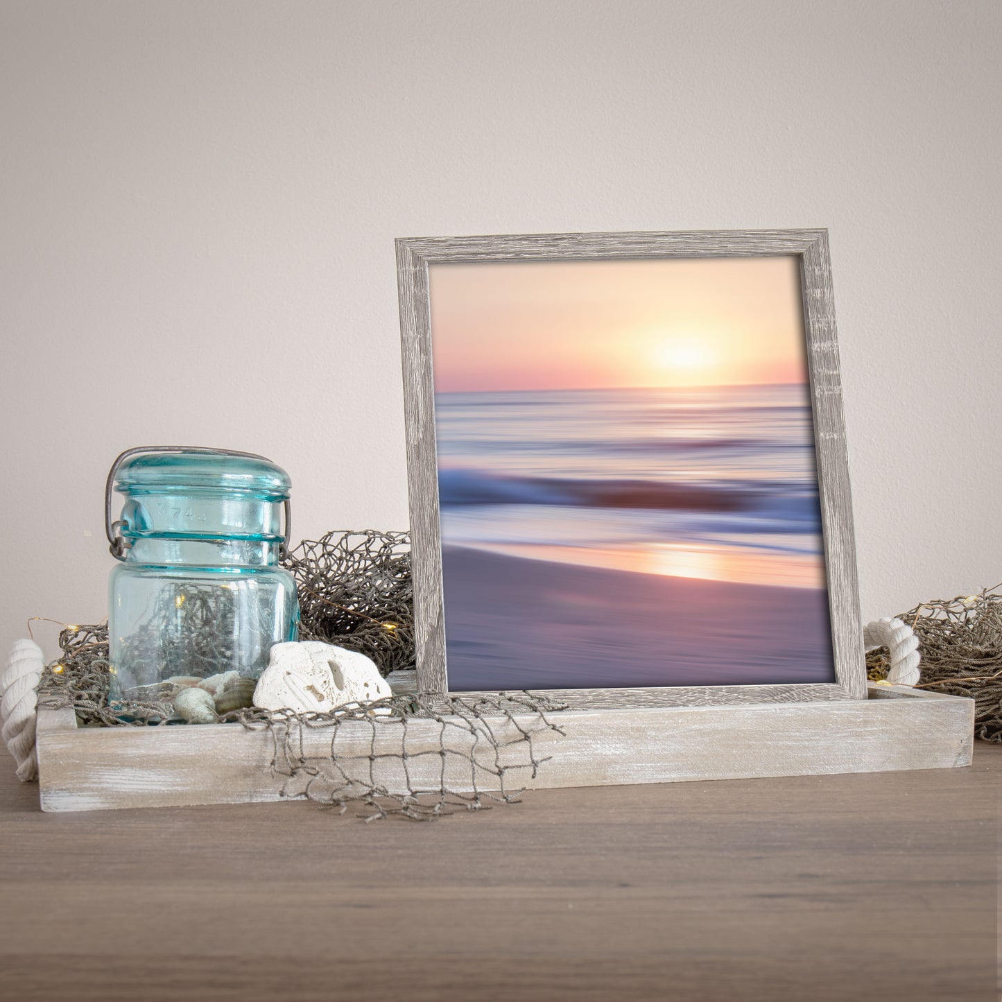 Muted color print of peaceful ocean view at dawn for a calming ambiance.