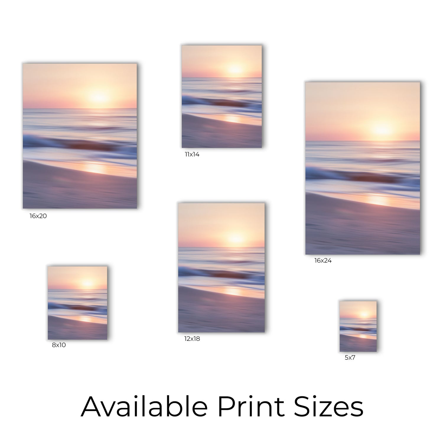 Abstract-style Ocean Sunrise print, image displays the range of sizes available."