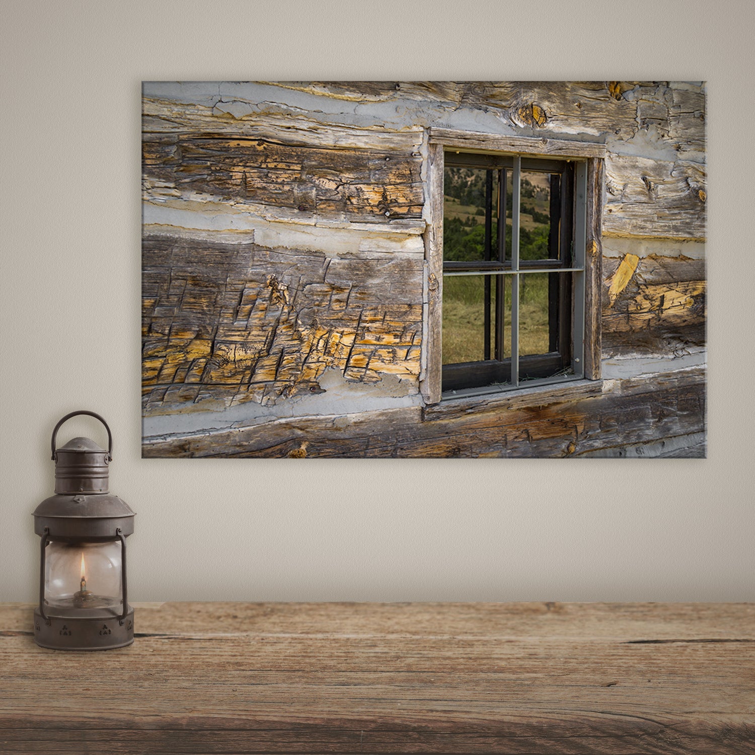 cabin wall decor featuring an old cabin window on canvas