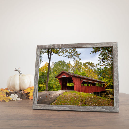 Ohio Nature Photography Print capturing the essence of autumn with a picturesque Ross Covered Bridge.