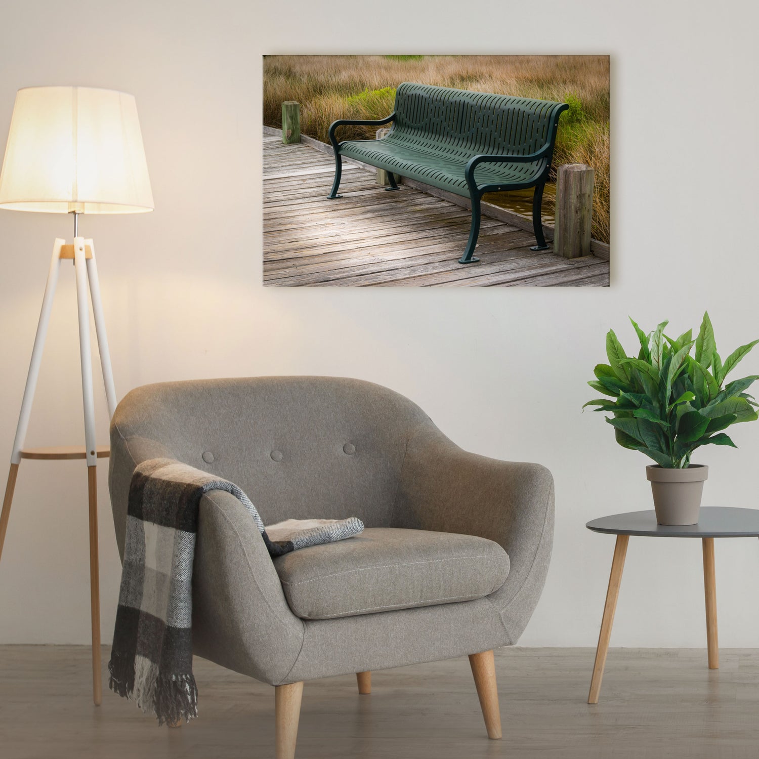 Artistic canvas depicts the simple beauty of an inviting seaside bench, harmoniously framed by the gentle sway of coastal seagrasses.