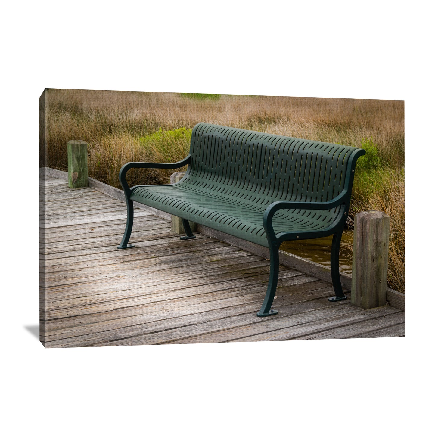 Canvas art captures the tranquility of a coastal boardwalk with a seaside bench and the natural backdrop of swaying seagrasses."
