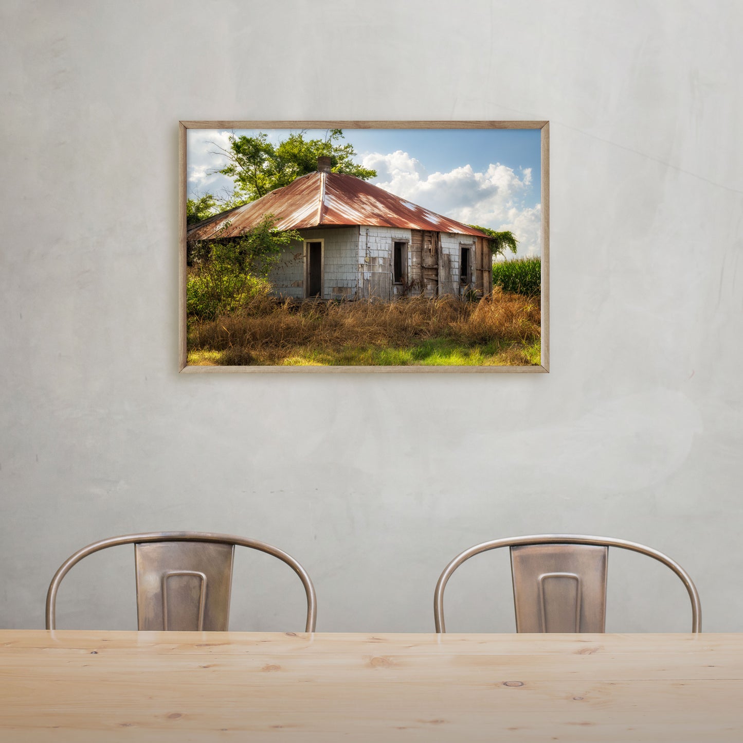 High-resolution print of a Mississippi Delta sharecroppers cottage, highlighting its rustic charm and natural setting.