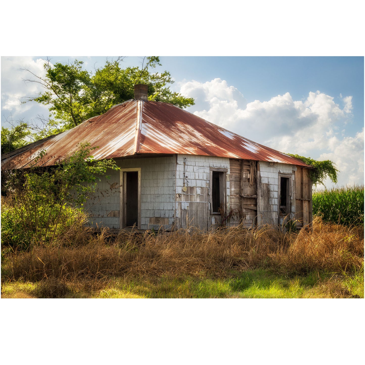 Color photography print showing a sharecroppers cottage in the Mississippi Delta, with a focus on its distinctive architectural features.