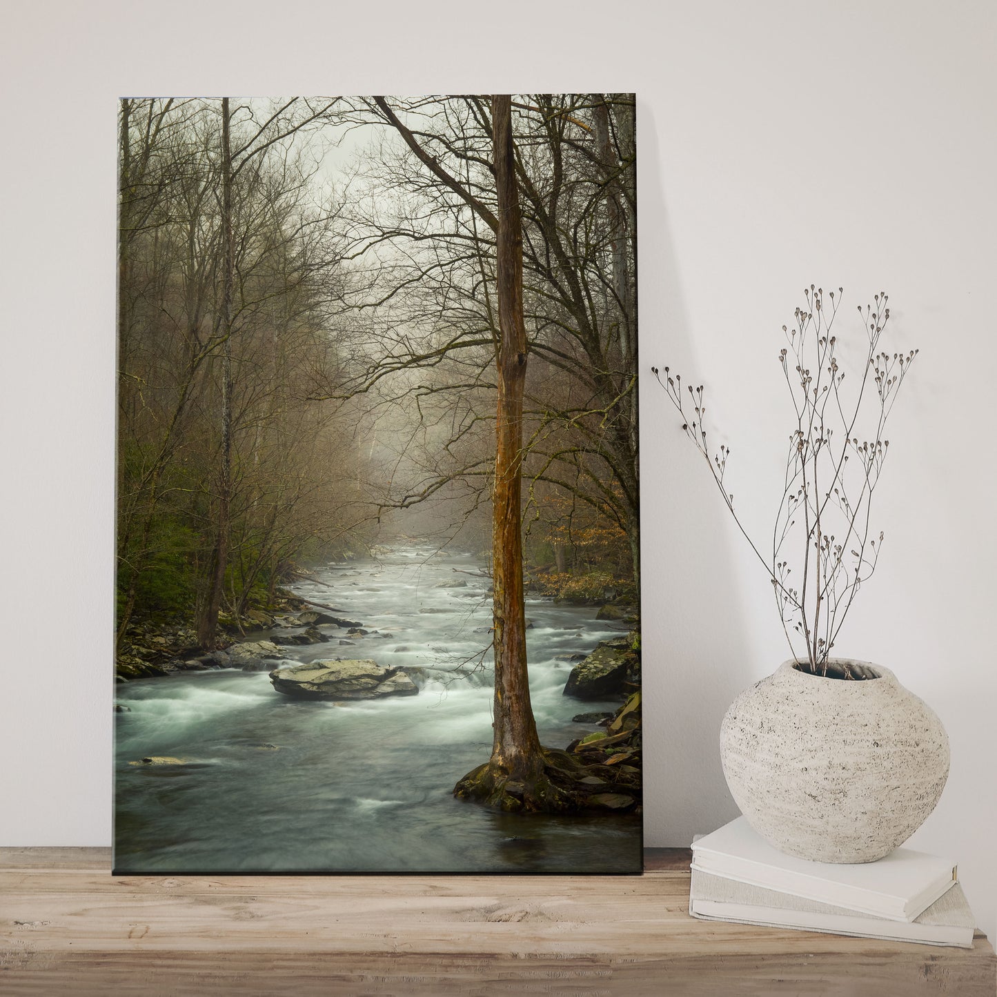 High-quality photography print on canvas capturing the serene beauty of the Smoky Mountains’ forests and streams, ideal for home or office decor.