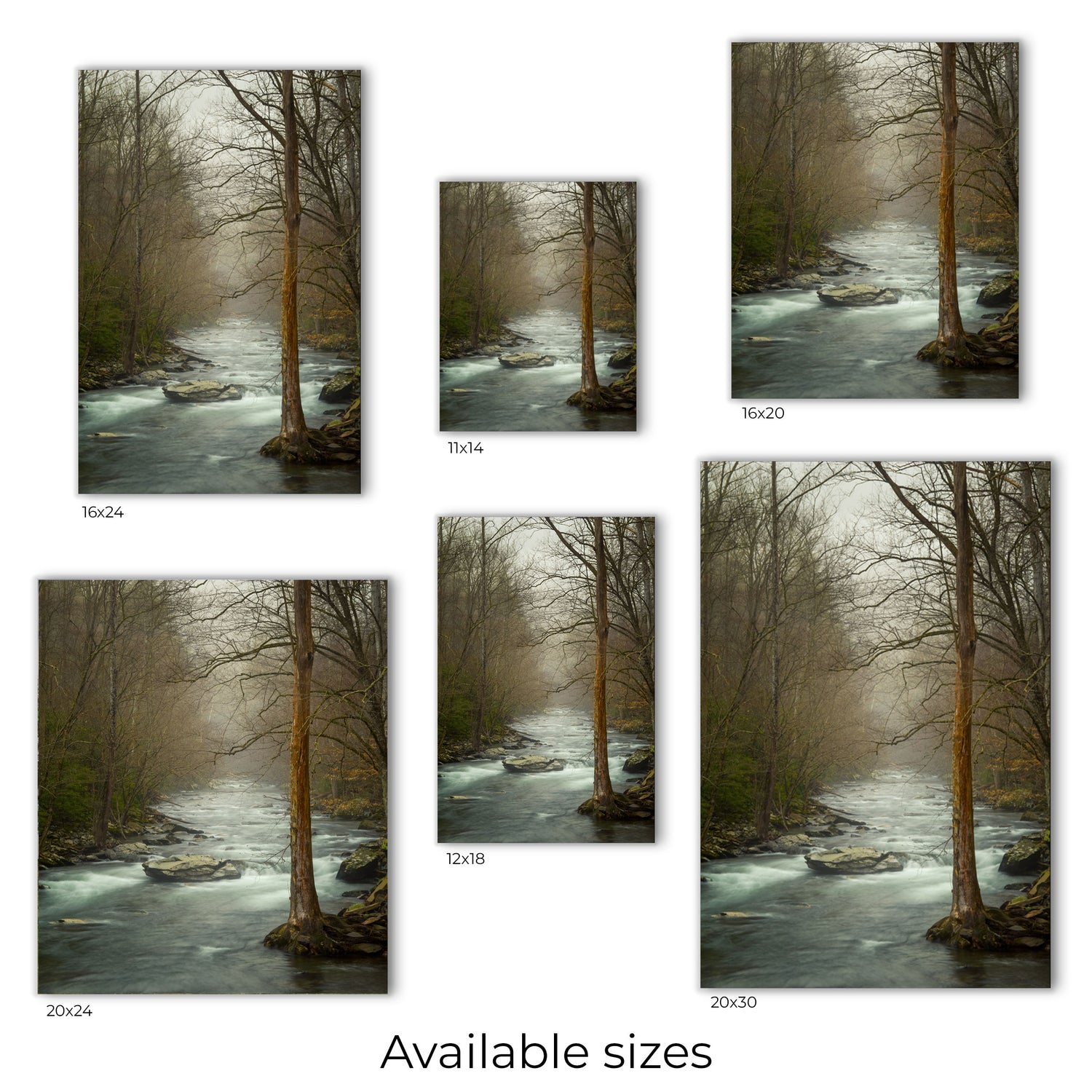 Experience the quiet solitude of the Great Smoky Mountains with this canvas wall art, showcasing the pristine Little River amidst a foggy forest landscape.