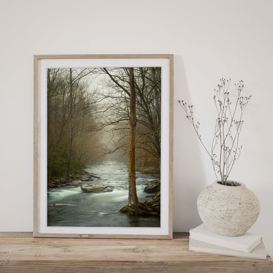 A moment of tranquility is captured in this photography print, highlighting the lush wilderness and flowing waters of the Great Smoky Mountains National Park.