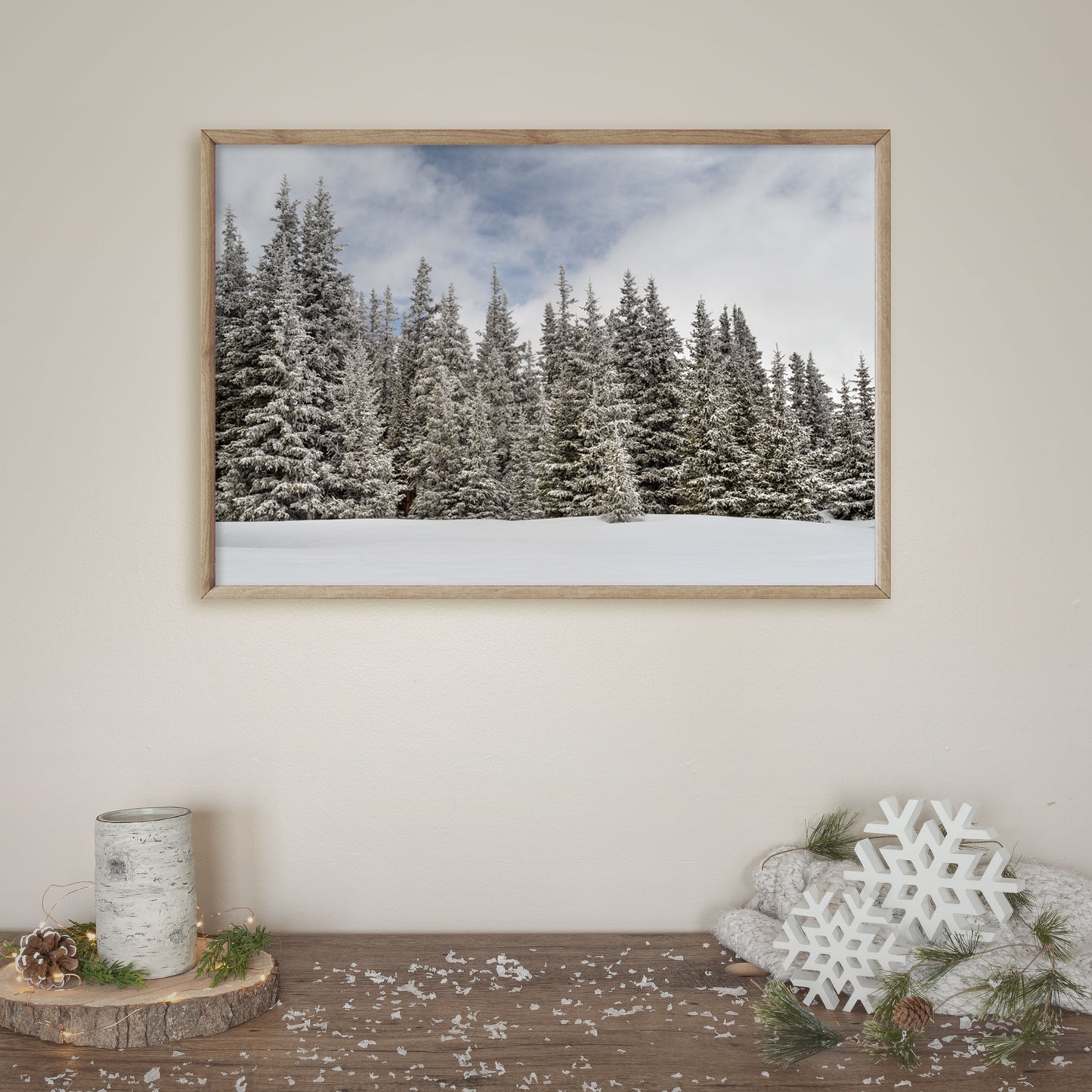 winter wall art print of snowy pine trees in entry