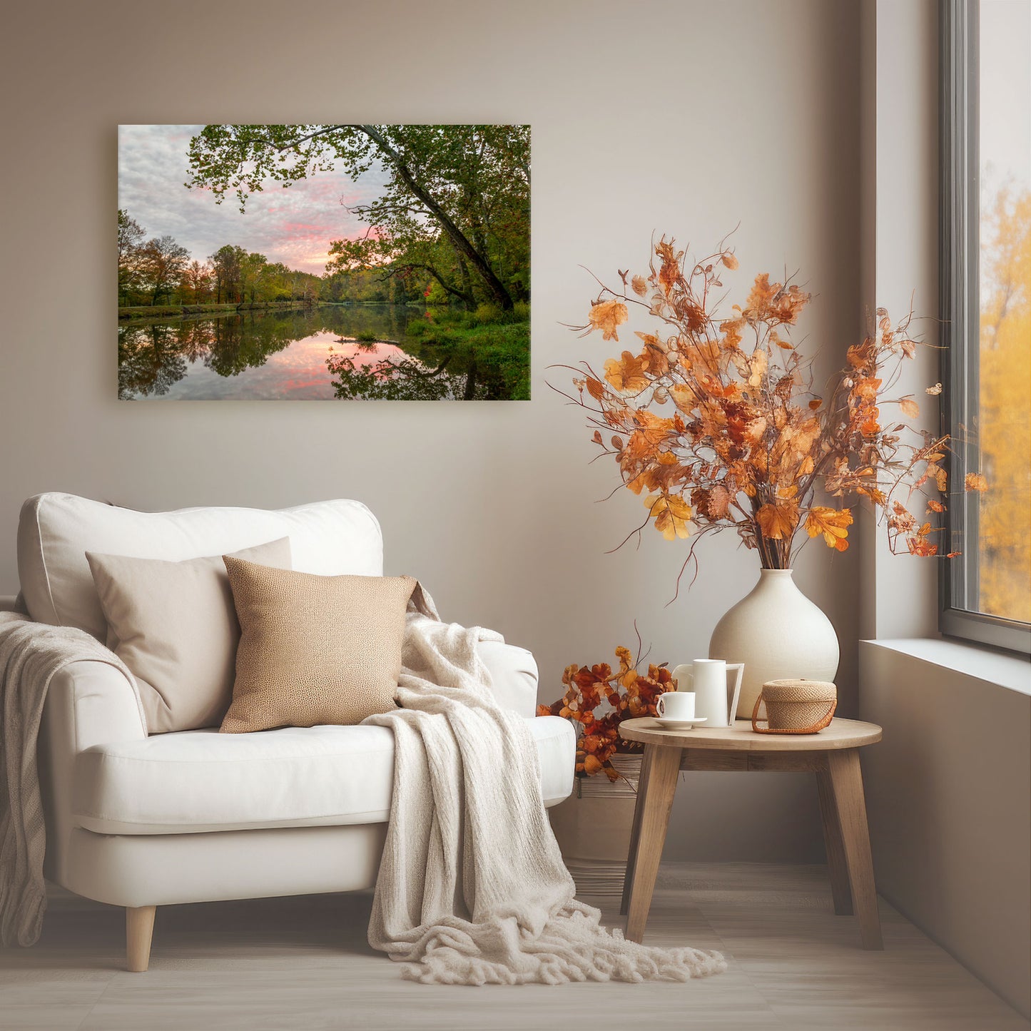living room wall art featuring a fall sunrise reflecting in an Ohio lake