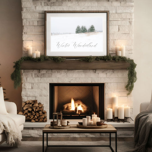 Winter wonderland canvas wall art print above fireplace