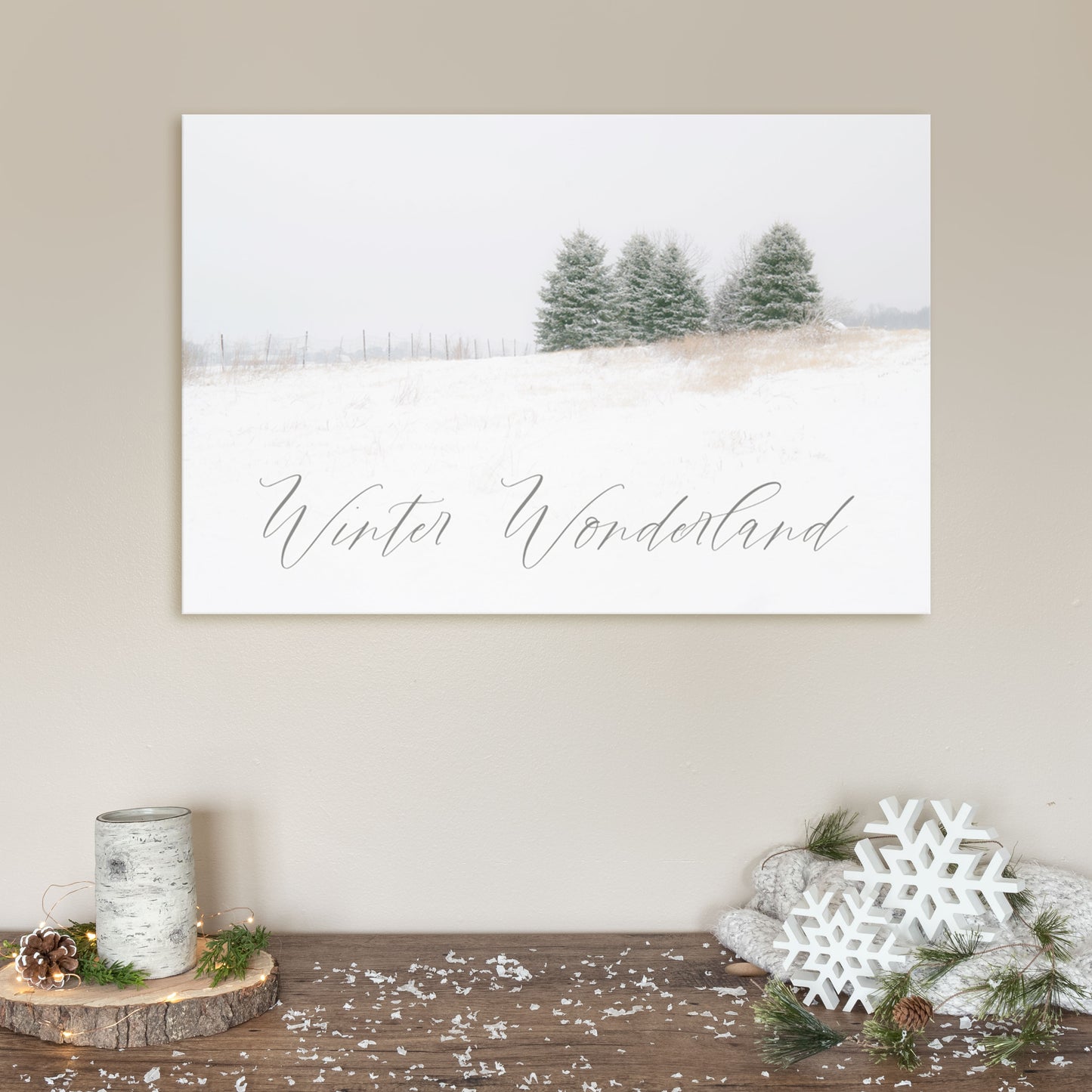 canvas wall art with words winter wonderland and winter pine trees